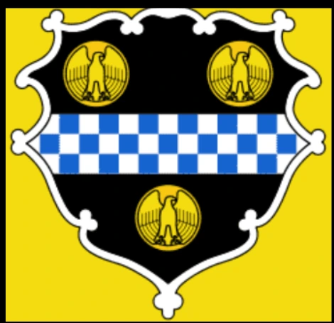 William Pitt's coat of arms: three eagle roundels on a black shield with a blue and white checkered band