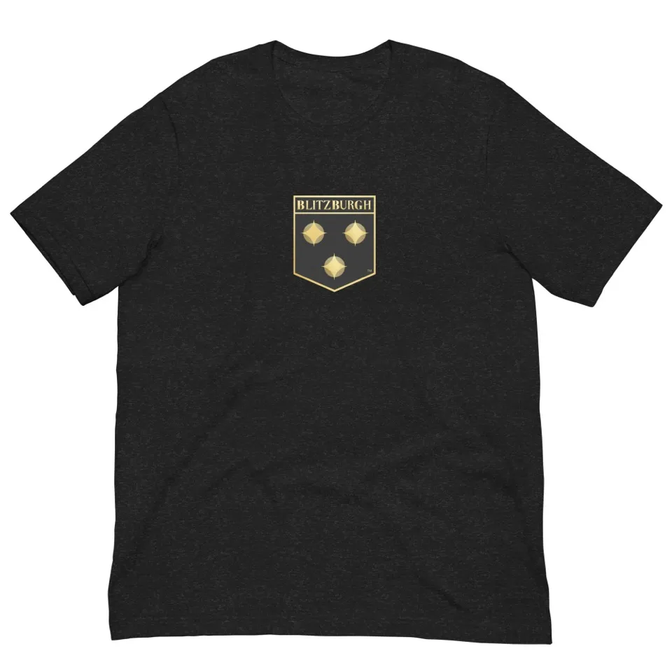 Black heather t-shirt with a gold three-asteroid emblem