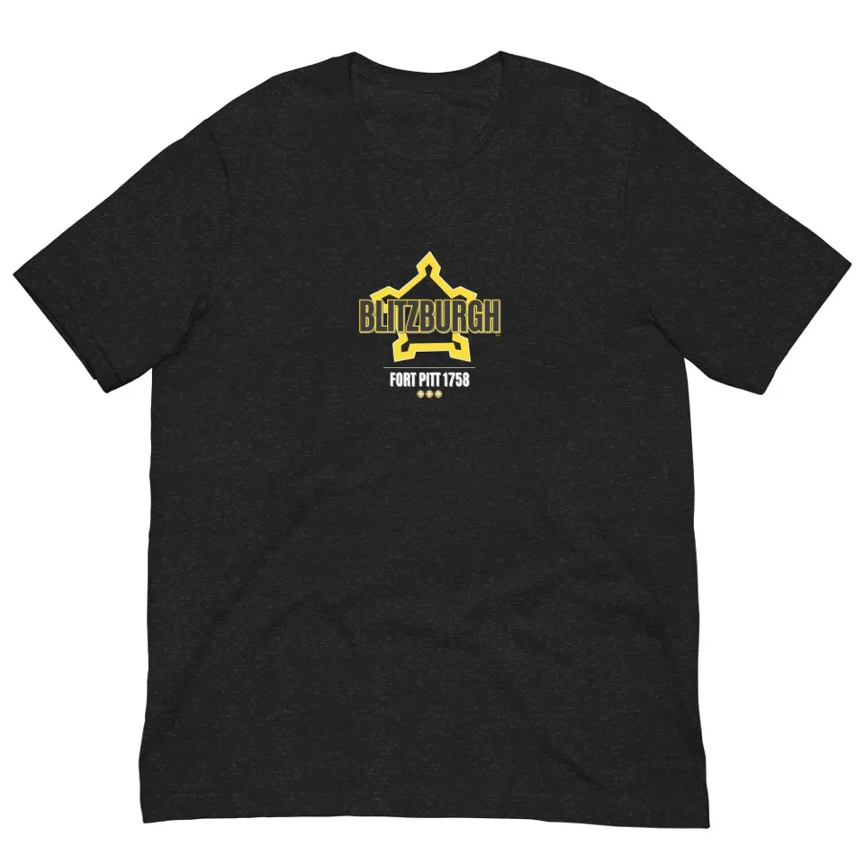 Black heather t-shirt with a Fort Pitt 1758 star emblem