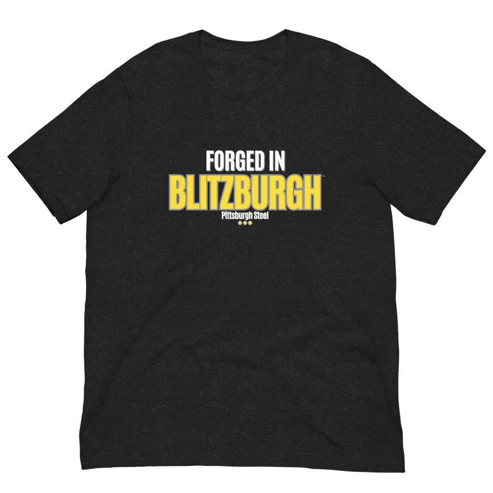 Black heather t-shirt reading Forged in Blitzburgh in gold