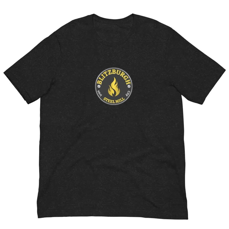 Black heather t-shirt with a round Steel Mill emblem