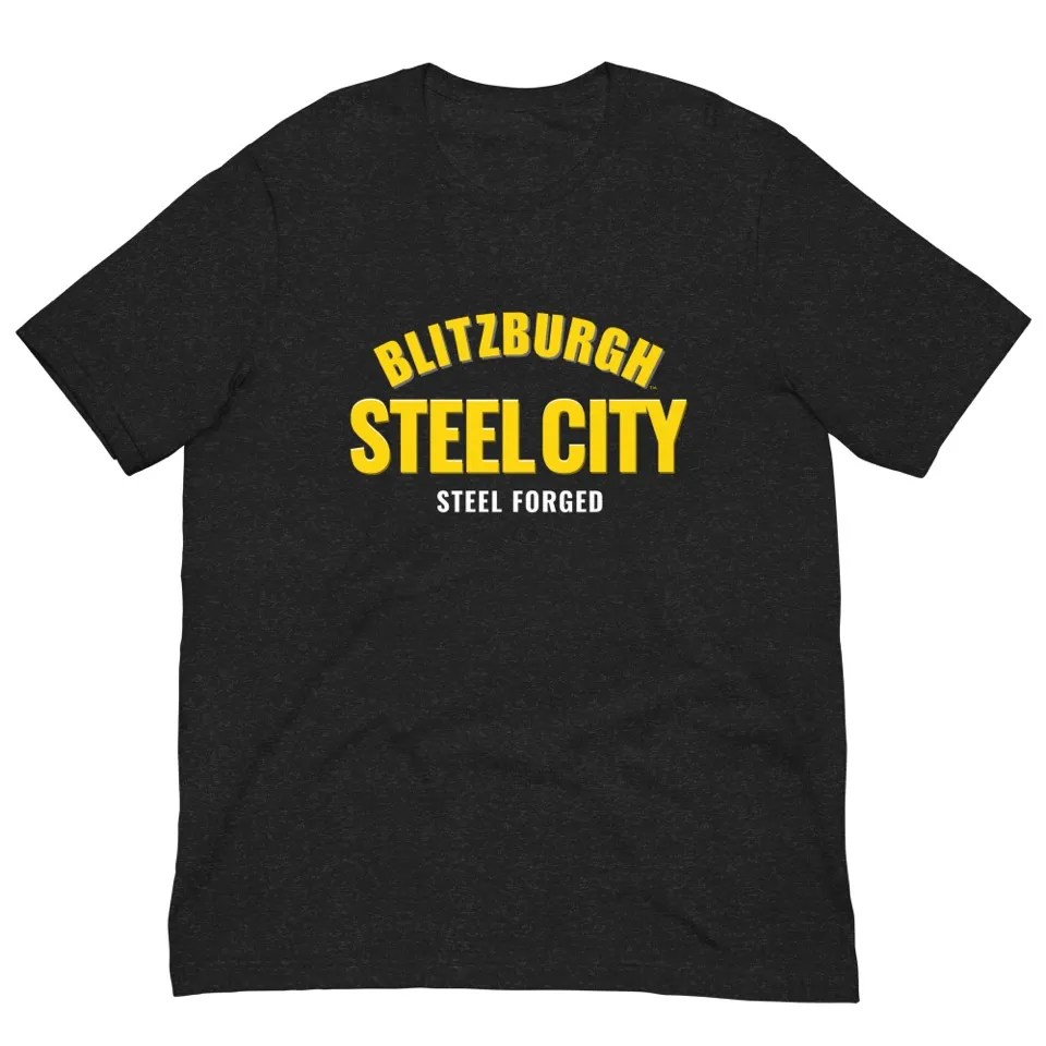 Black heather t-shirt with a Steel City wordmark